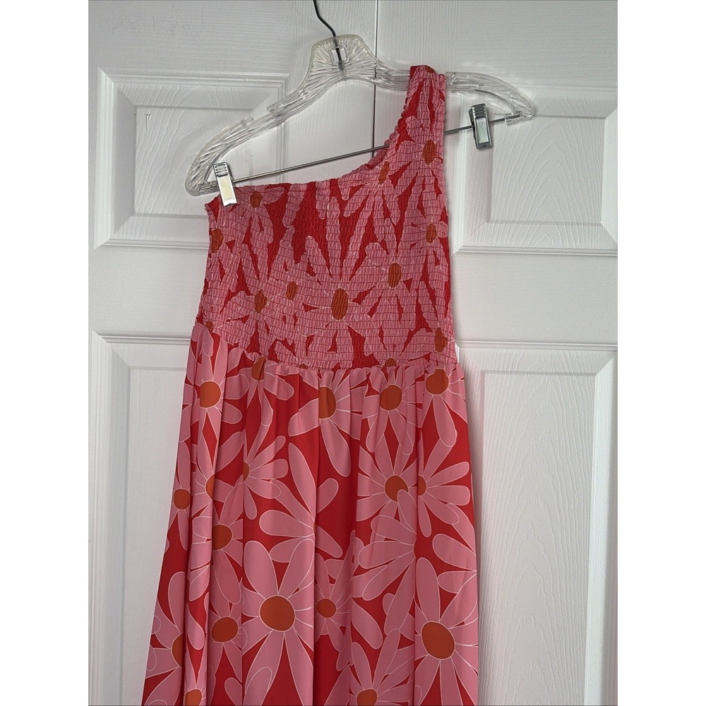 Anna Kaci One Shoulder Smocked Maxi Dress Womens Size Large Pink Red Floral - Picture 2 of 7